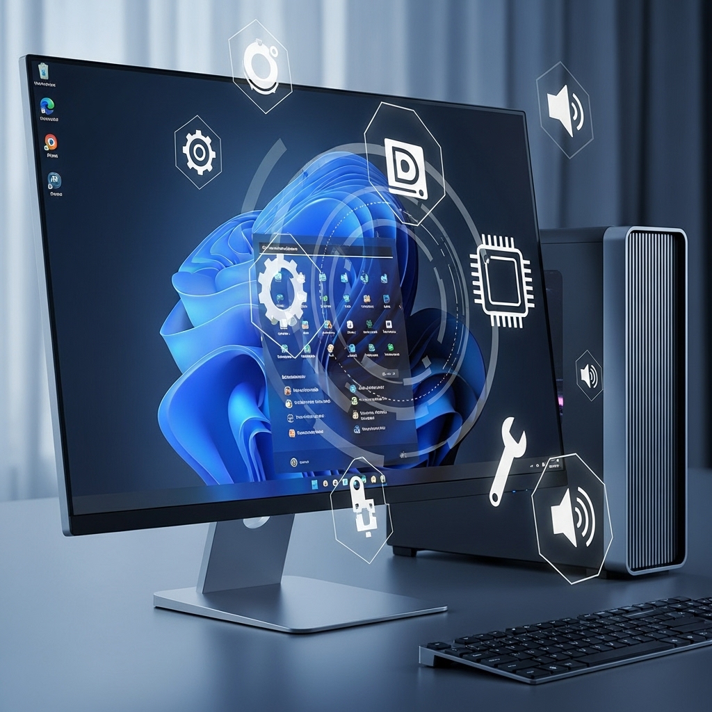 Windows 11이 설치된 모니터와 컴퓨터 주변에 드라이버 설치 및 업데이트 과정을 상징하는 기어, 칩, 네트워크, 스피커 등의 아이콘이 떠 있는 모습.