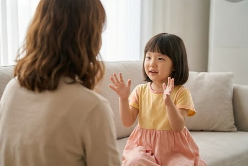 소파에서 엄마에게 손짓하며 이야기하는 딸