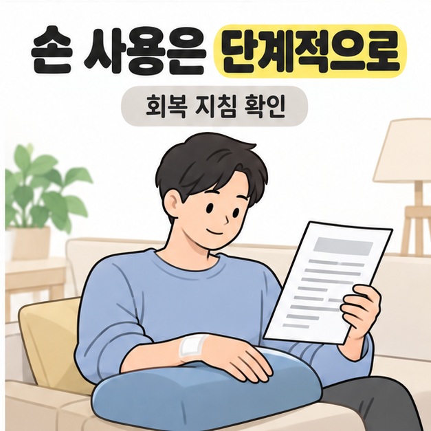 손 사용은 단계적으로 제목 아래 드레싱한 손을 쿠션에 받친 남성이 회복 안내문을 읽는 모습