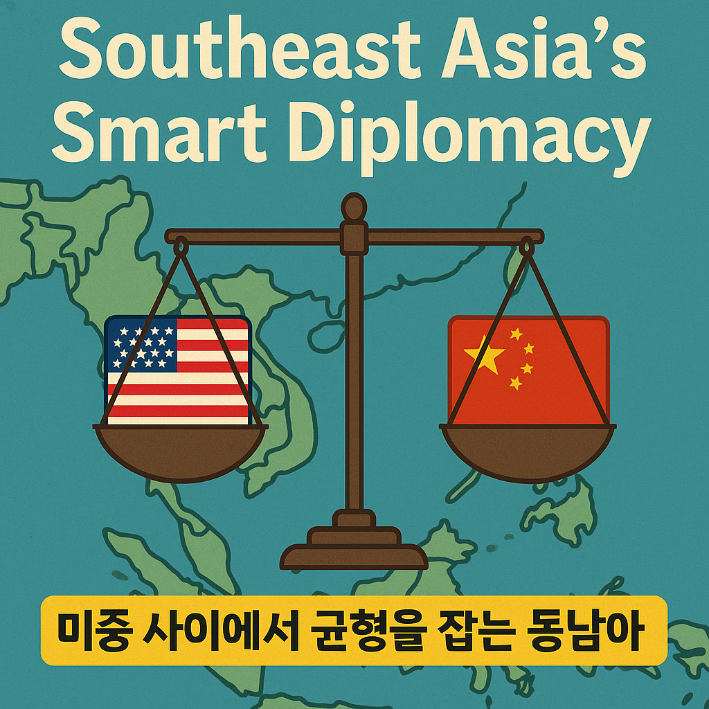 동남아시아 지도 중앙에 저울이 있고, 한쪽엔 성조기, 한쪽엔 오성홍기가 놓인 이미지, "Southeast Asia's Smart Diplomacy"와 "미중 사이에서 균형을 잡는 동남아" 문구가 포함됨.