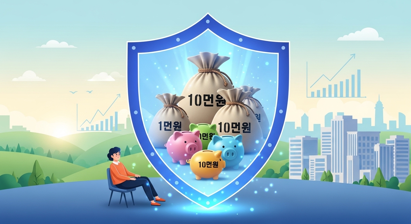 1억 원으로 표시된 여러 저금통이 파란색 보호막 안에 안전하게 놓여있는 모습으로 금융 안정성을 표현.