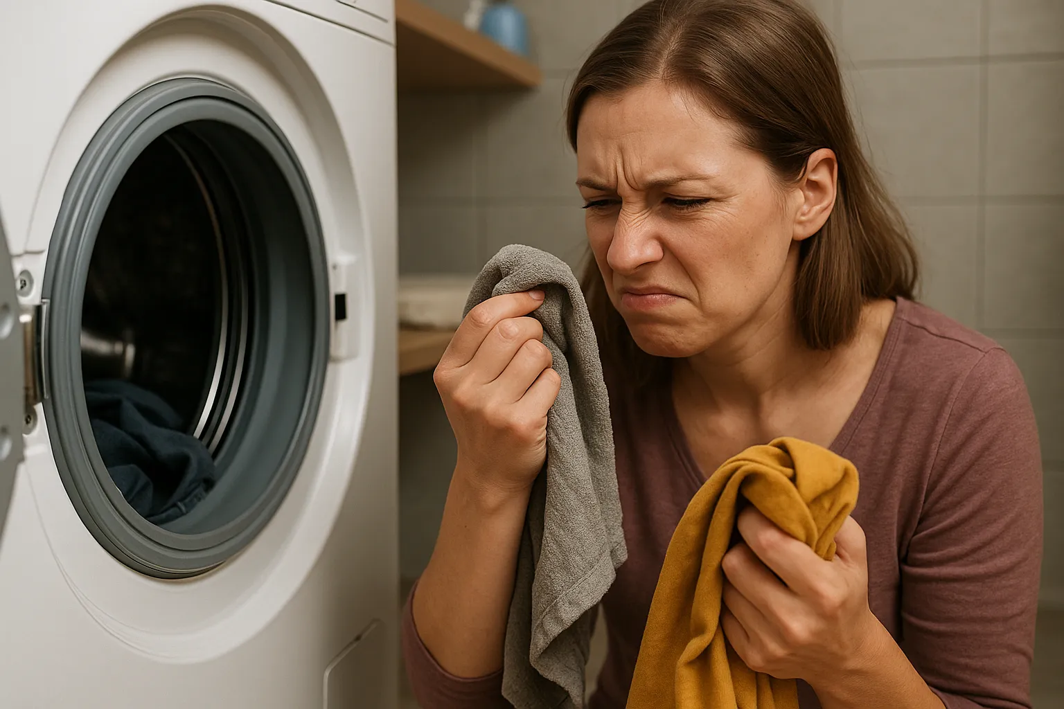 세탁기에서-꺼낸-젖은-빨래의-냄새를-맡고-찌푸린-표정을-짓는-여성의-모습