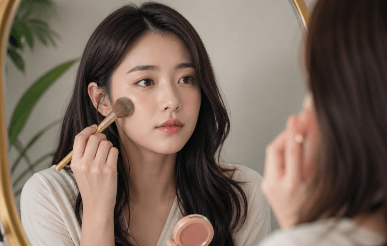 거울 앞에서 블러셔 바르는 여자