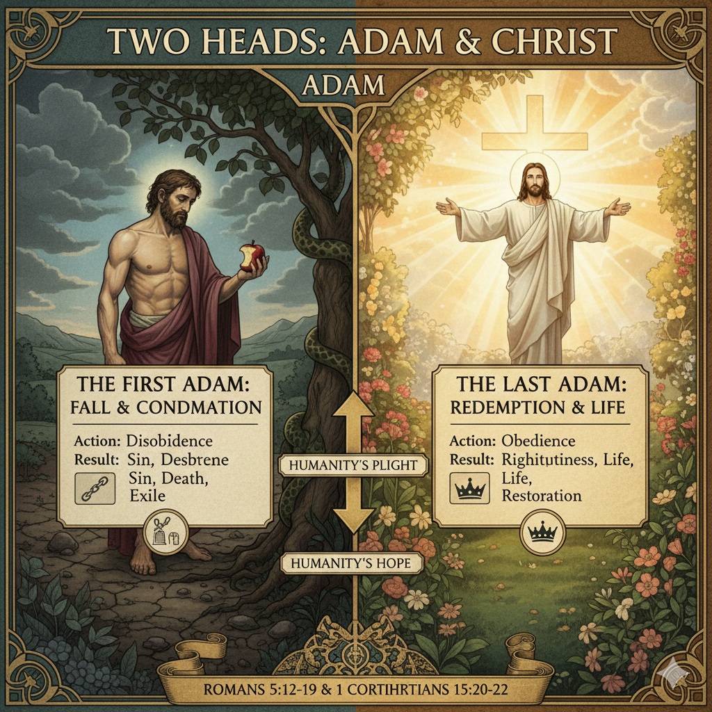 A symbolic comparison infographic between Adam and Jesus Christ. One side shows Adam with the Forbidden Fruit and a withered tree representing the Fall and death. The other side shows Jesus Christ with the Cross and a blooming tree representing Life and Resurrection. The center text highlights the 'Two Heads' of humanity.