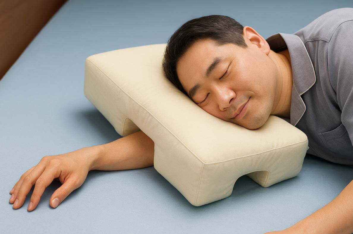 팔베개 전용 베개에 팔을 넣고 편안히 잠든 남성.