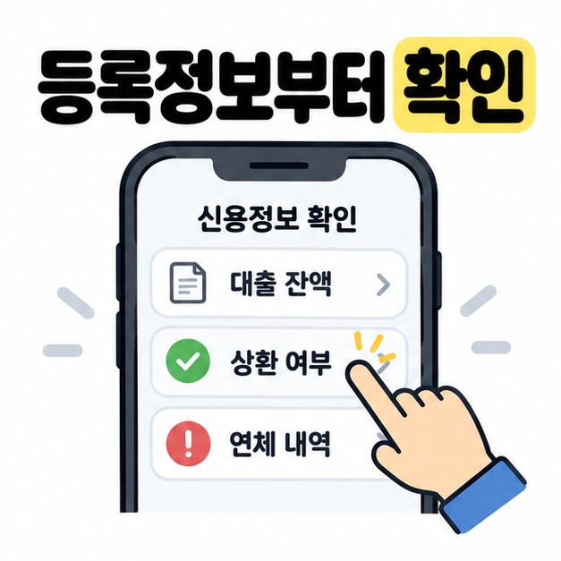 등록정보부터 확인이라는 제목 아래 스마트폰의 대출 잔액, 상환 여부, 연체 내역 항목과 상환 여부를 가리키는 손을 배치한 이미지