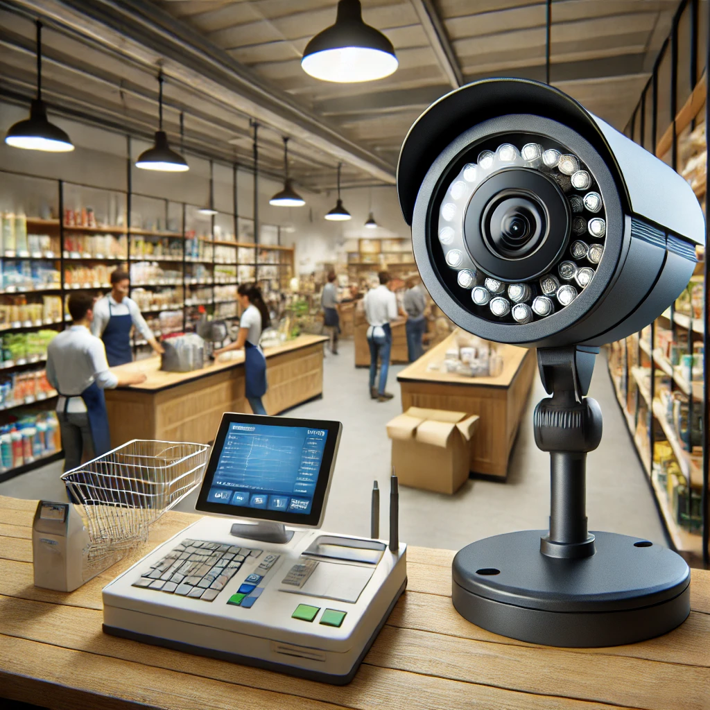 소매점 계산대와 선반을 감시하는 돔형 보안 카메라&amp;#44; LED 표시등이 보이며 밝고 잘 정리된 매장에서 고객과 직원이 상호작용하는 모습이 배경으로 보임