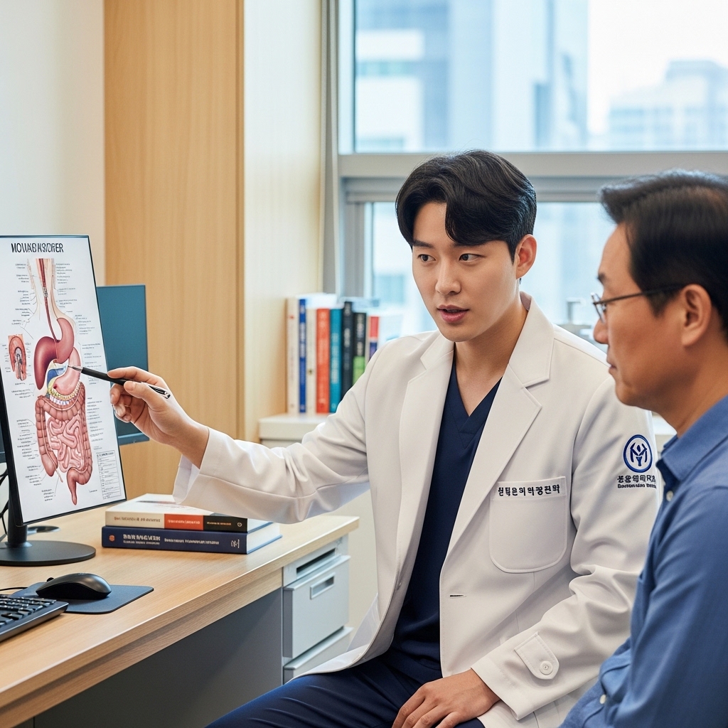환자에게 역류성 식도염 관리법을 설명하는 한국인 전문의