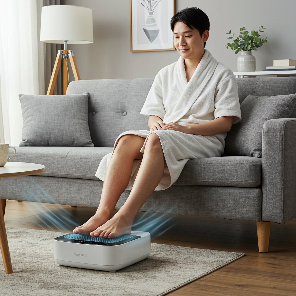 한 사람이 샤워 후, 소파에 앉아 발 건조기를 사용하며 편안하게 발을 말리고 있는 모습