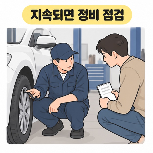 지속되면 정비 점검 제목 아래 메모지를 든 차주와 정비사가 타이어 상태를 살펴보며 상담하는 장면