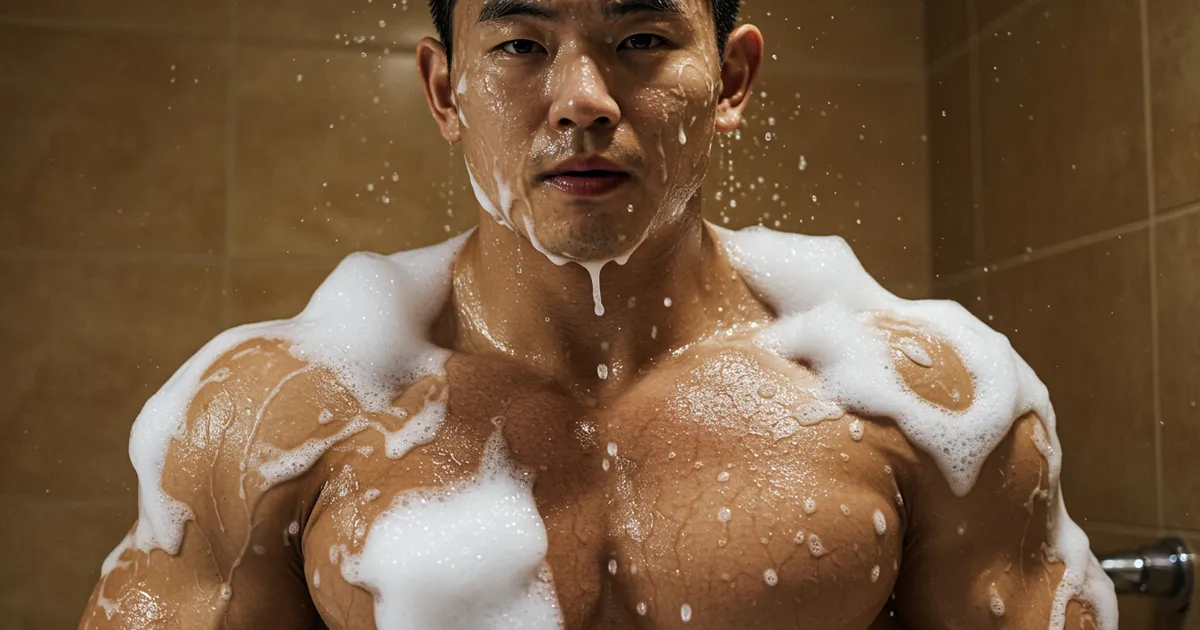 거품 샤워를 하고있는 운동하는 남자 샤워 이미지