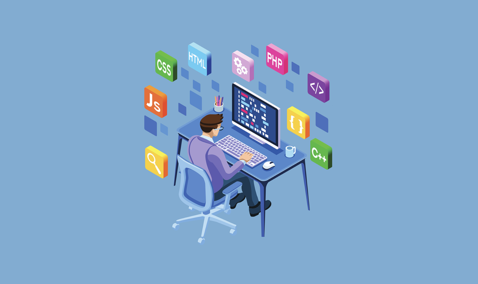 프롬프트 엔지니어링과 다양한 프로그래밍 언어를 활용해 AI 작업을 수행하는 개발자의 일러스트