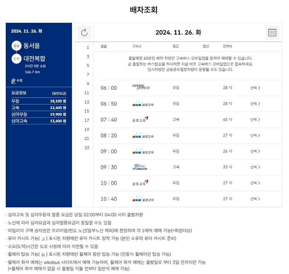 동서울 고속버스 터미널에서 대전복합행 고속버스 시간표