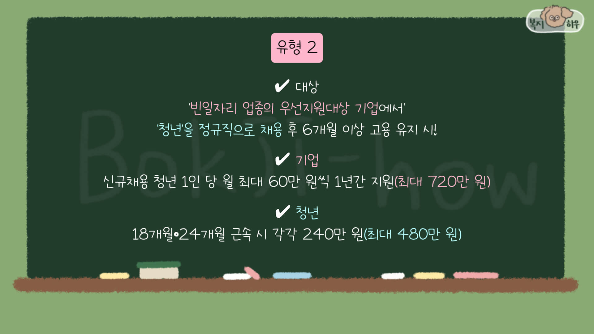 청년일자리도약장려금의 유형2는 빈일자리 업종의 우선지원대상 기업에서 청년을 정규직으로 채용하여 6개월 이상 고용을 유지하는 경우 기업과 청년 모두에게 일정 금액을 지원하는 정책이다.