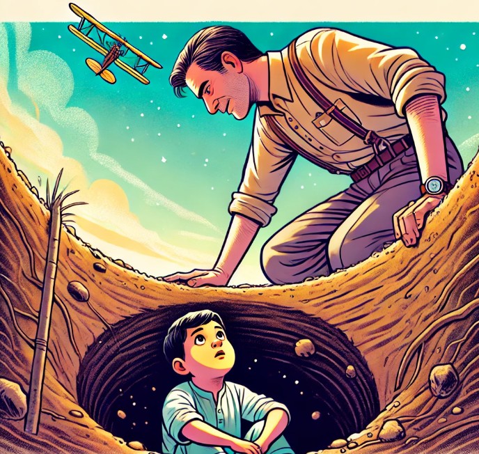 땅에 파여진 함정에 빠진 아이를 쳐다보는 아저씨와 그런 아저씨를 구덩이 안에서 쳐다보는 아이를 그린 그림