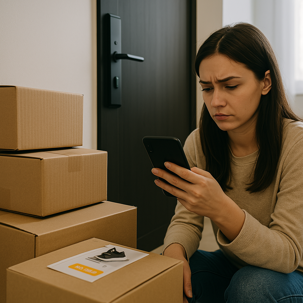 alt="미니멀라이프와 감정 소비의 상징, 스마트폰으로 쇼핑 중인 여성과 옆에 쌓인 택배 상자"