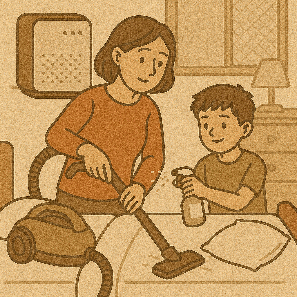 비염있는 자녀를 위한 실내 공기 청정 및 침구 청소에 대한 이미지