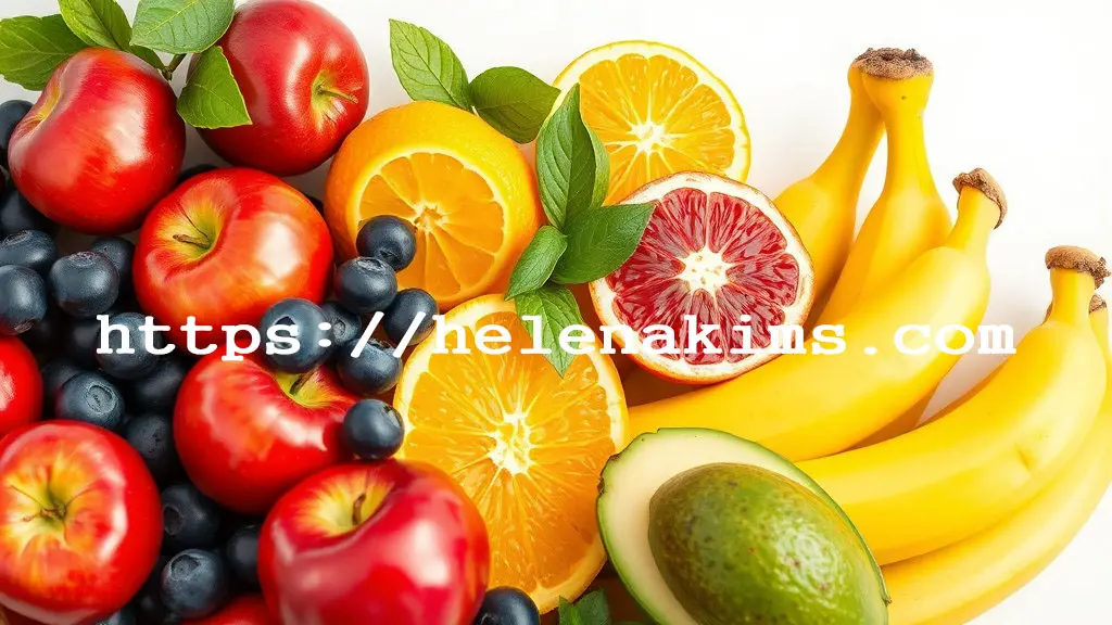 하얀 탁자에 사과, 블루베리, 바나나, 오렌지, 아보카도 등이 놓인 모습.