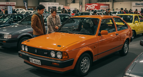 부부가 주황색 차량을 살펴보고 있는 장면