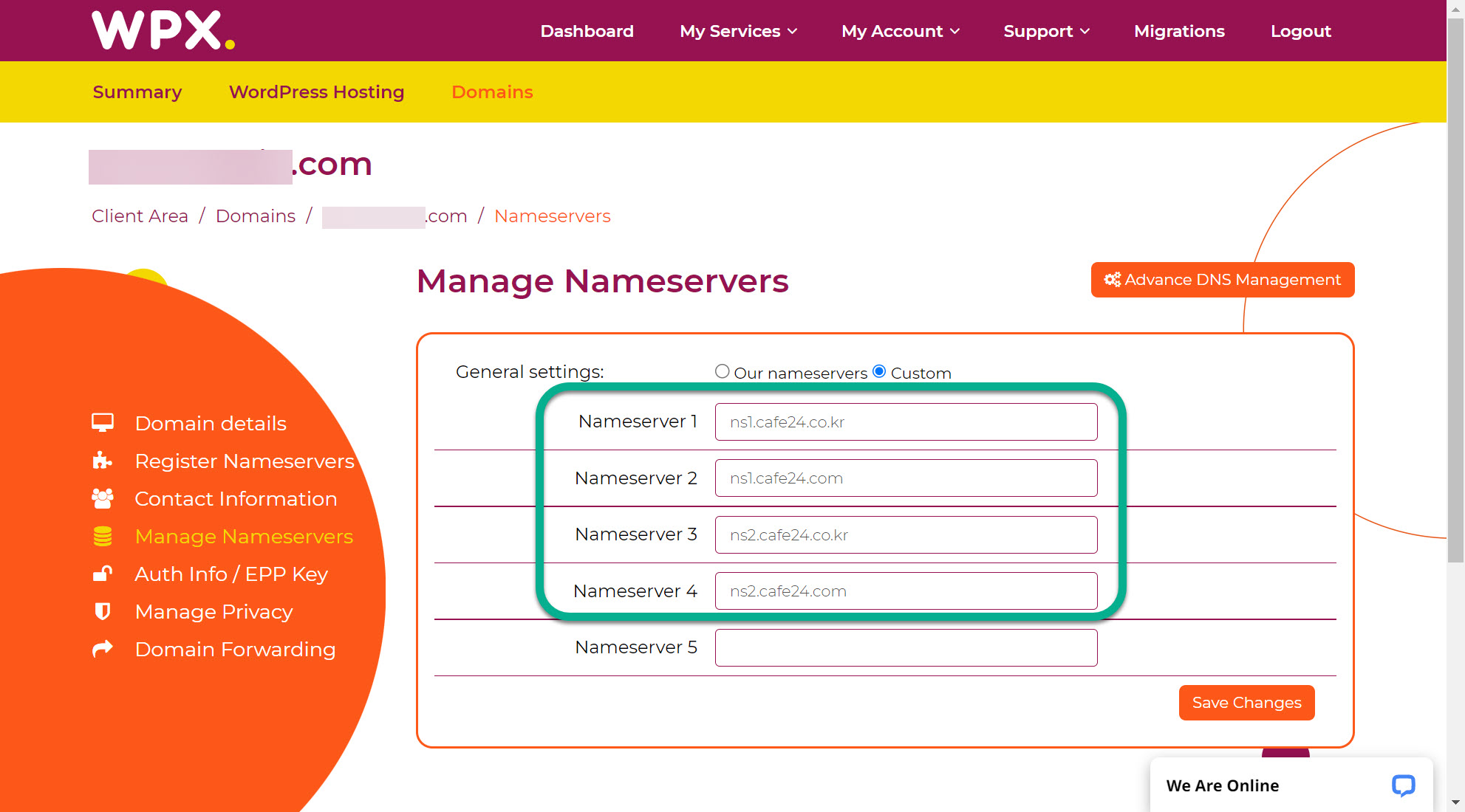 해외호스팅 WPX 도메인 네임서버 변경 방법 - 카페24 네임서버