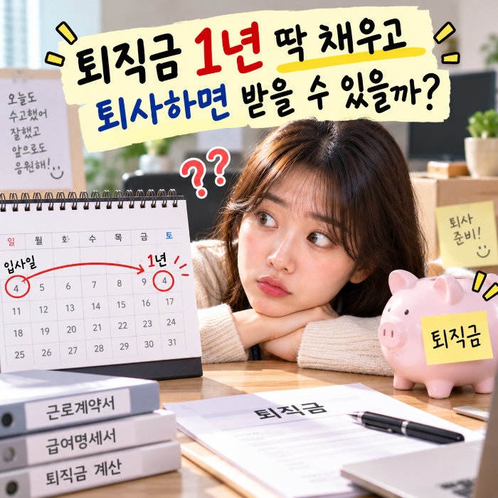 퇴직금 1년 조건을 확인하기 위해 입사일과 1년 근무기간을 달력으로 계산하며 퇴직금 지급 여부를 확인하는 직장인 이미지