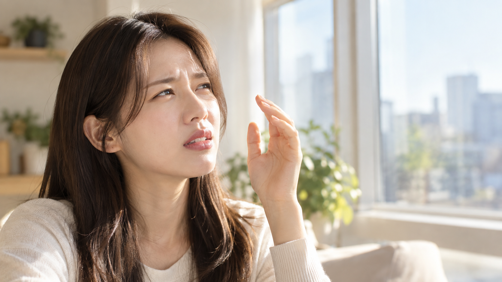 밝은 창문을 보다가 눈가를 만지며 불편해하는 여성