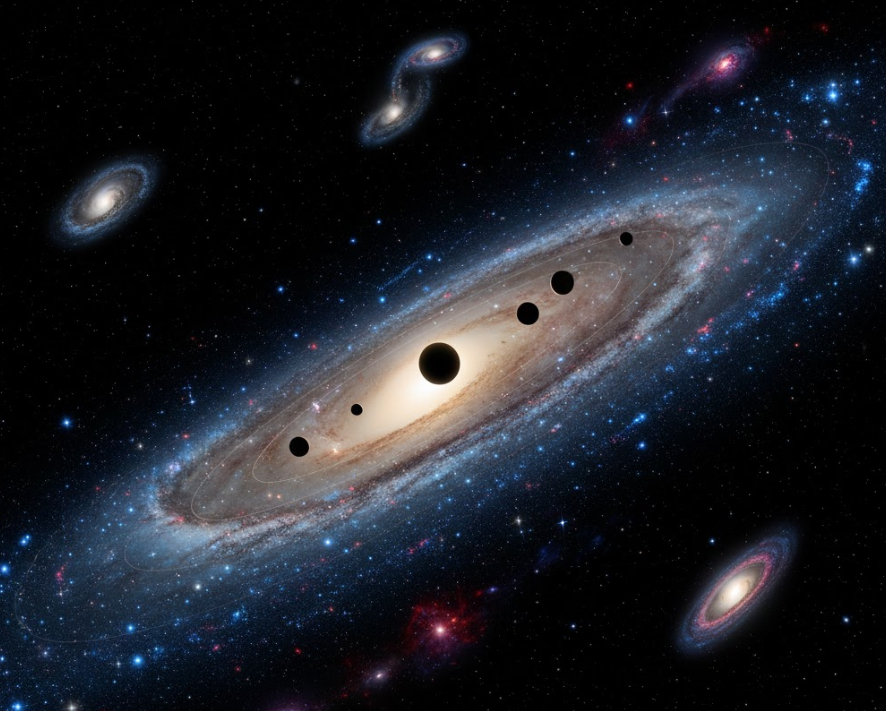 우리 은하의 나선팔을 따라 공전하는 태양계와 행성들의 궤도를 보여주는 우주 시뮬레이션 이미지