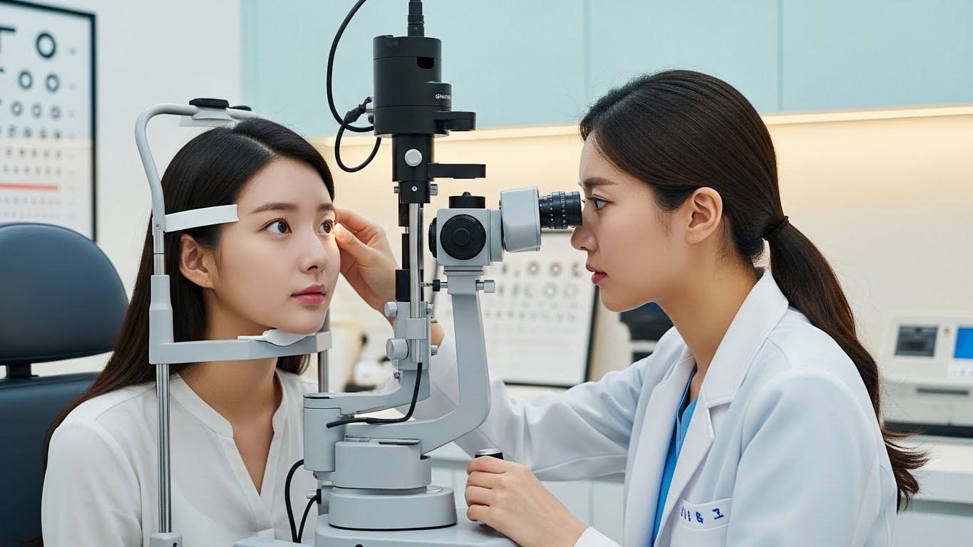 눈 검사를 받는 여성