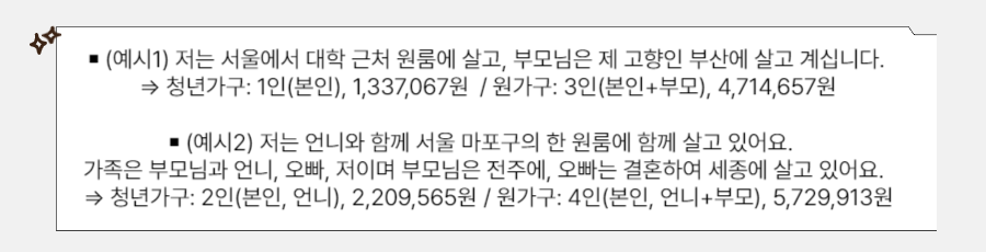 청년월세 특별지원사업 가주 구성 및 기준소득 예시