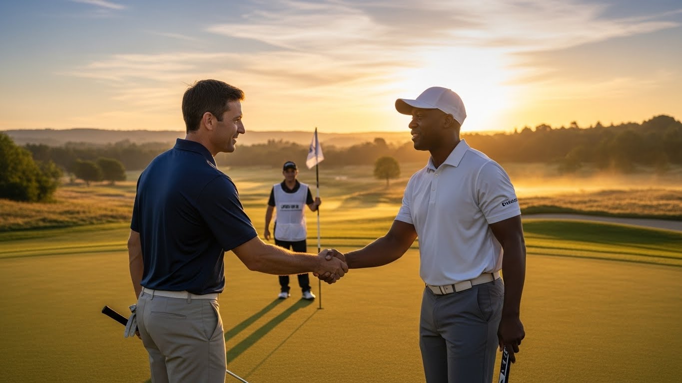 골프 라운딩 종료 후 동반자와 존중의 악수를 나누는 골프 에티켓과 스포츠맨십