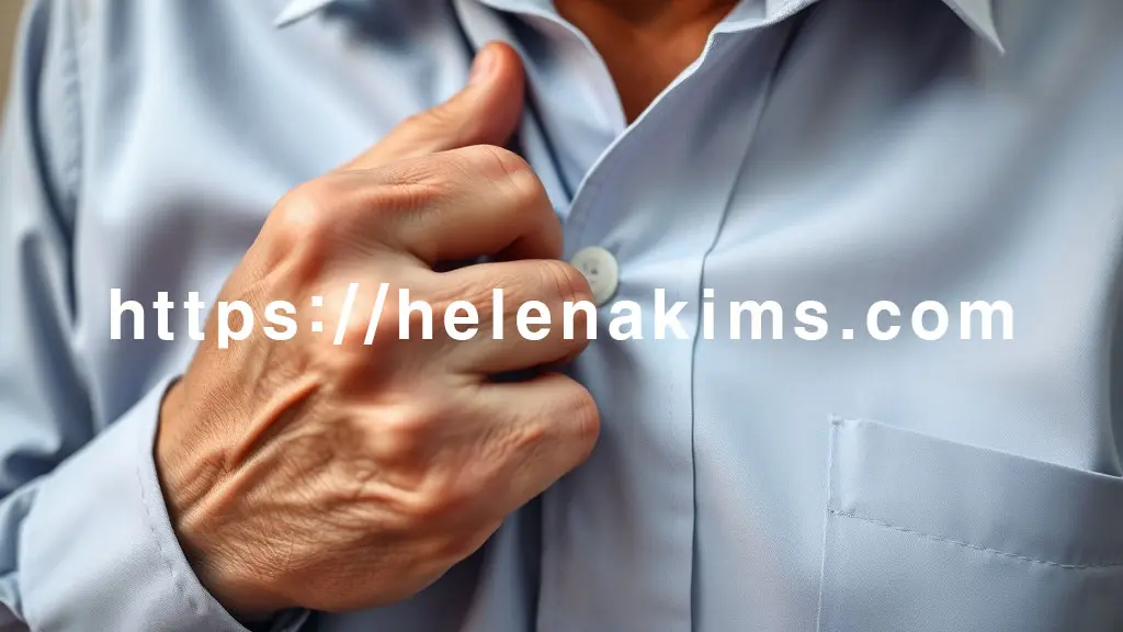 미세한 떨림이 있는 손이 셔츠 단추를 잠그려 하지만 움직임이 더뎌 부자연스럽다.