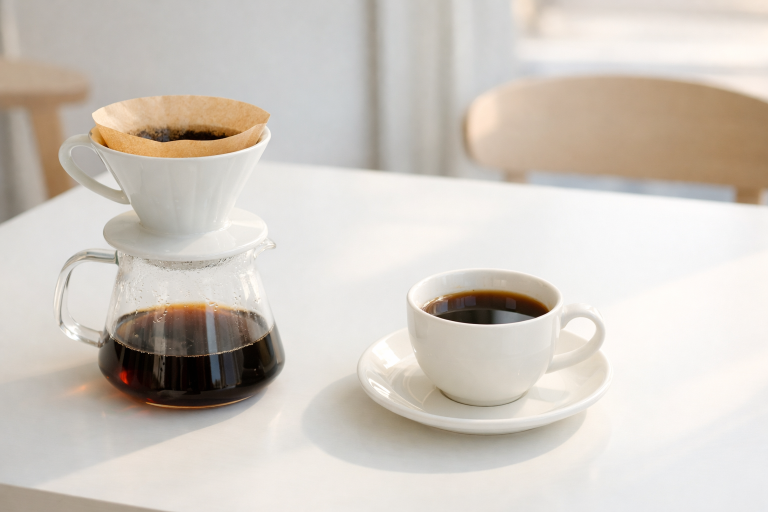 드립커피의 깔끔한 인상을 떠올리게 하는 블랙커피와 드리퍼 이미지