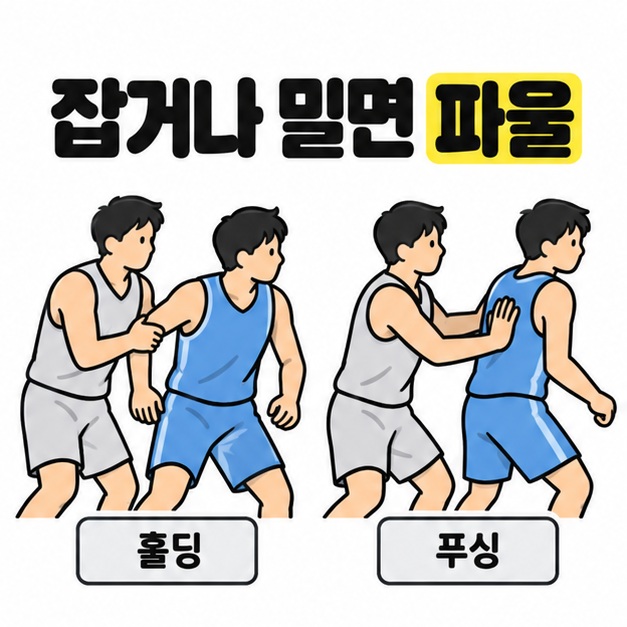 회색 유니폼 선수가 파란색 유니폼 선수의 팔을 잡는 홀딩 장면과 등을 미는 푸싱 장면을 나란히 보여주는 그림