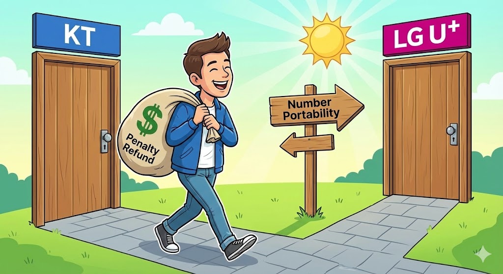 KT(위약금 환급)에서 짐을 풀고, LG U+(신규 혜택)로 가볍게 이동하는 캐릭터의 모습. '번호이동'이라는 표지판 강조