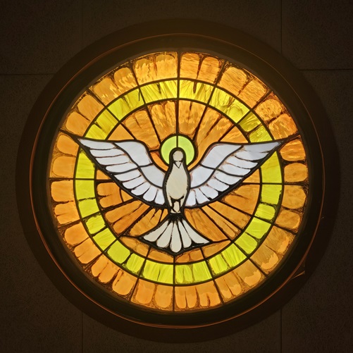 사진은 전라남도 장성성당 안에 있는 성령 비둘기 그림 스테인드글라스 사진입니다.