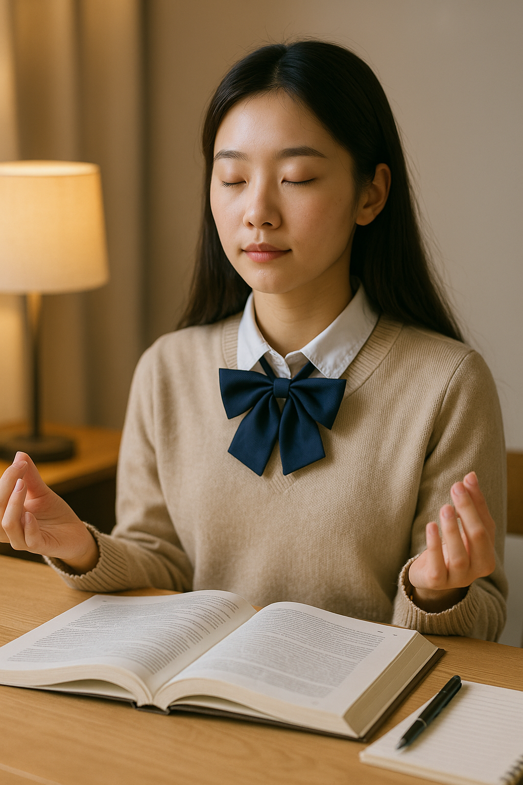 책상 앞에서 명상하는 수험생의 모습