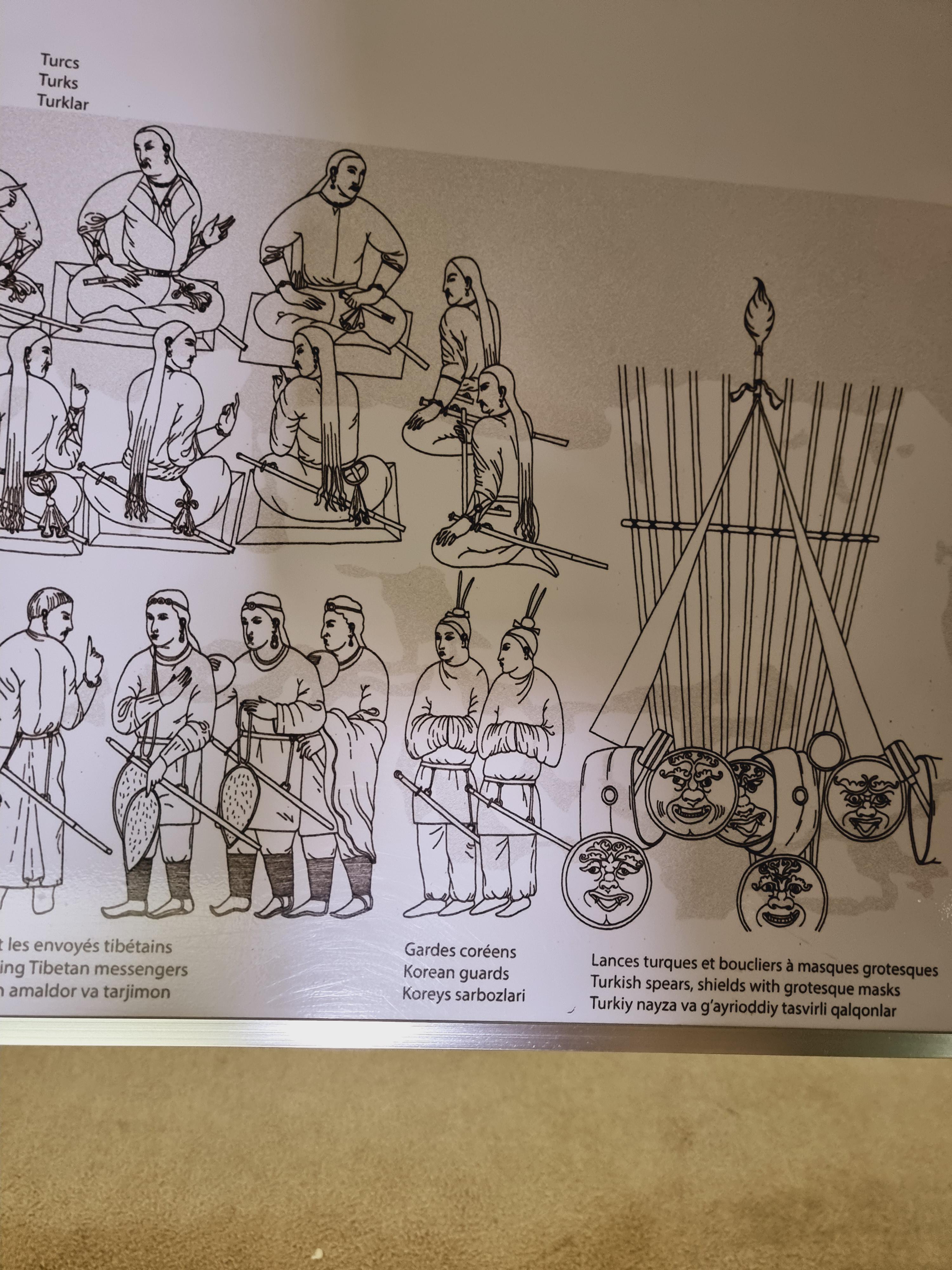 아프로시압 벽화의 상상도이며 고구려 사신으로 추정되는 모습이 그려져 있습니다.