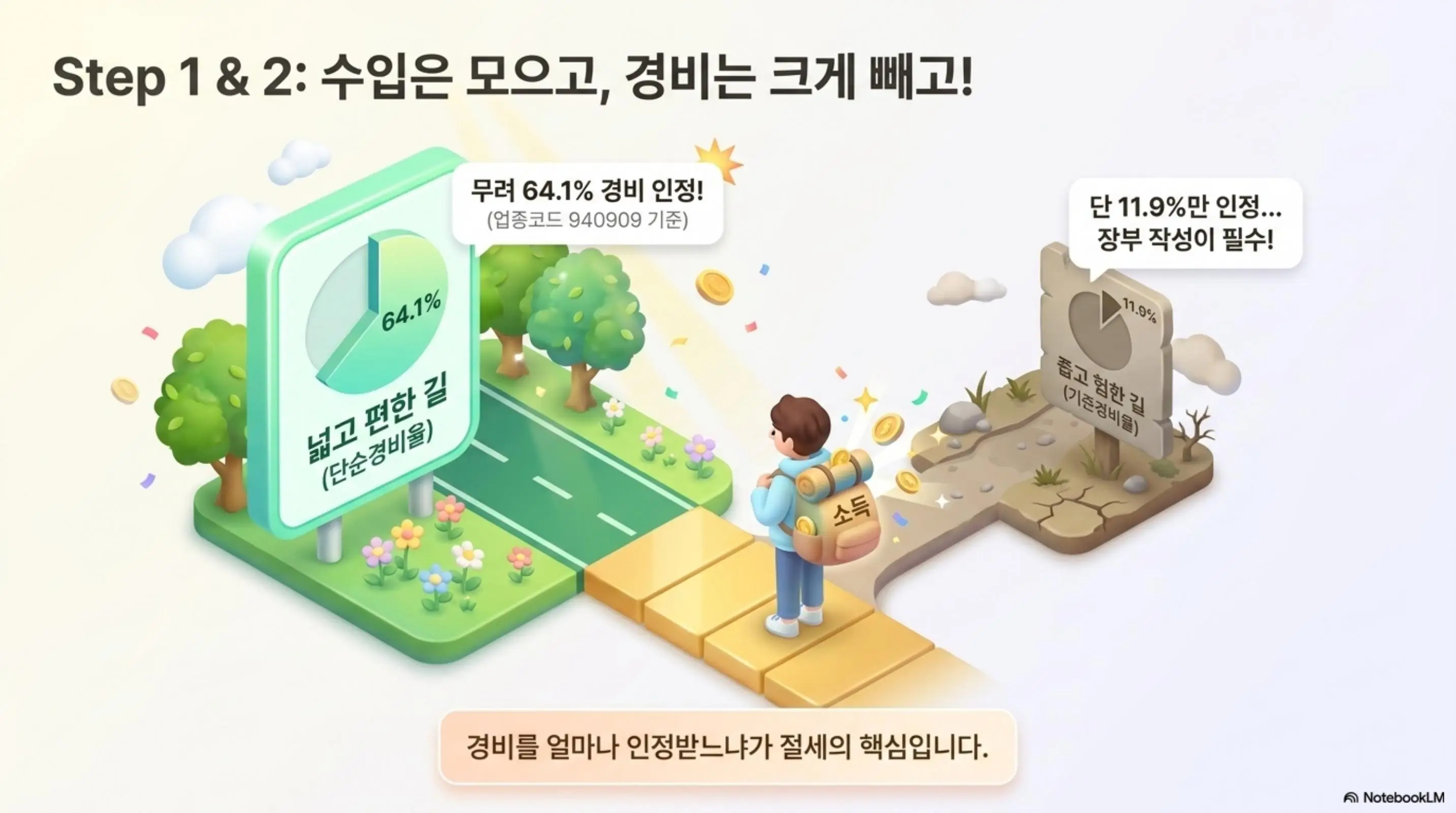 종합소득세 계산: &amp;#39;Step 1&amp;2: 수입은 모으고&amp;#44; 경비는 크게 빼고!&amp;#39;라는 문구와 단순경비율 64.1%와 기준경비율 11.9%의 차이를 비교하는 내용이 포함된 웹배너 이미지. 이 이미지는 종합소득세 계산 시 경비율 선택에 따른 세금 차이를 시각적으로 전달하며&amp;#44; 블로그의 필요경비 차감 단계와 관련된 내용을 설명함