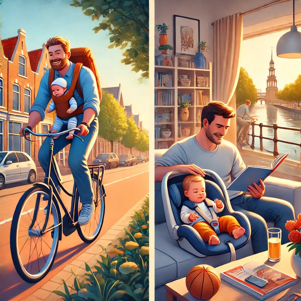 네덜란드의 ‘파트타임 아빠’ 문화를 표현한 이미지입니다! 🚲👨‍👧‍👦🏡💕 자전거를 타며 아이와 시간을 보내는 모습과 가족 중심의 따뜻한 분위기를 담았어요
