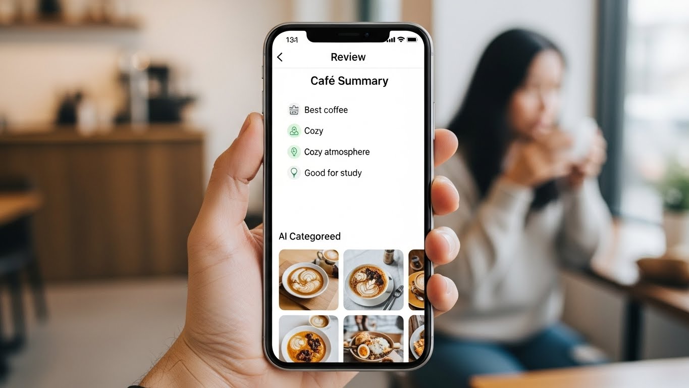 스마트폰 화면에 AI가 카페 리뷰를 요약하고 사진을 분류해 보여주는 네이버지도 앱. 메뉴, 분위기, 주차 정보 등이 한눈에 보기 쉽게 정리되어 있다.