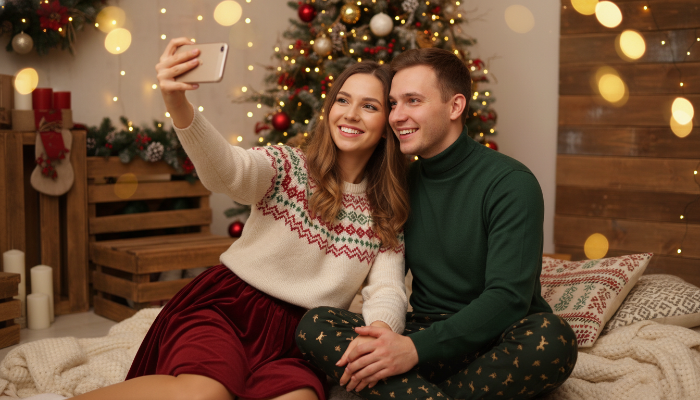 크리스마스 장식으로 꾸며진 스튜디오에서 서로를 다정하게 바라보며 커플 스냅 사진을 찍는 젊은 연인. 따뜻하고 로맨틱한 분위기가 느껴진다.