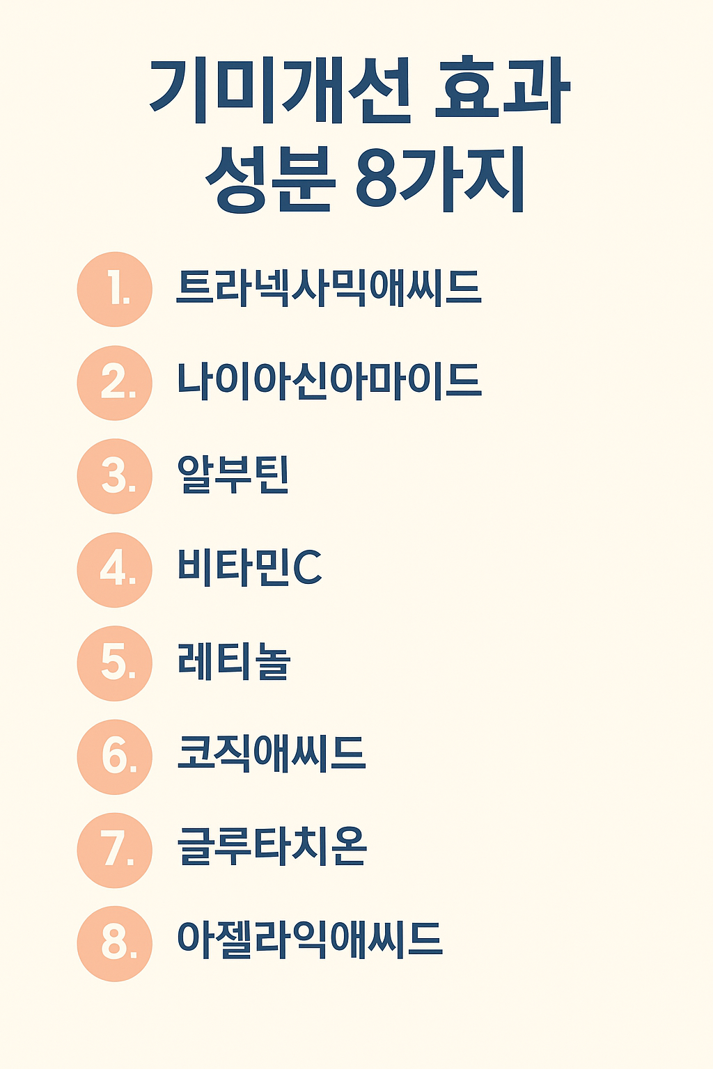 <img src="기미개선_효과.png" alt="기미개선에 효과적인 성분 8가지: 트라넥사믹애씨드, 나이아신아마이드, 알부틴, 비타민C, 레티놀, 코직애씨드, 글루타치온, 아젤라익애씨드" />