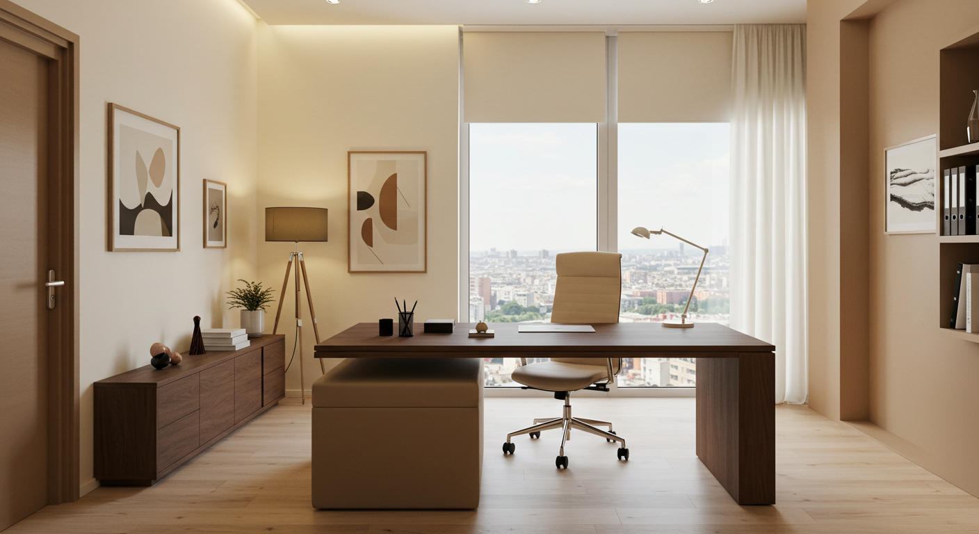 베이지와 브라운 톤을 가미한 깔끔하고 간결한 형태, 최소한의 장식의 사무실 인테리어