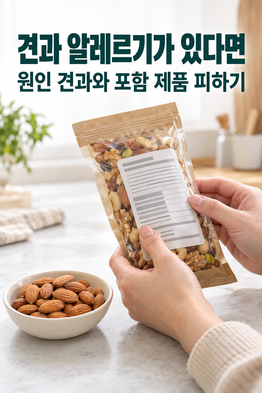 아몬드와 혼합견과 포장을 구분하고 원재료 표시를 확인하는 손동작