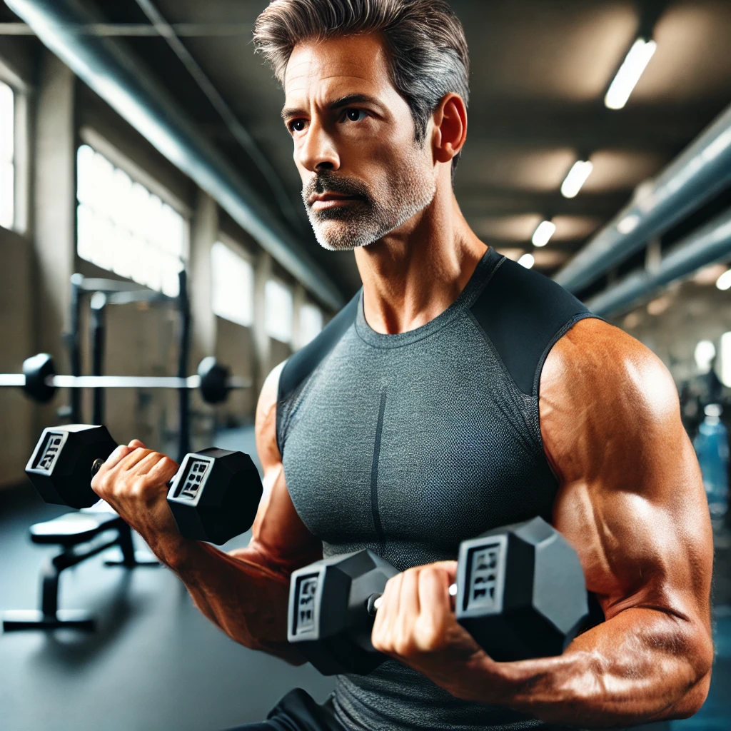 중년 남성이 덤벨을 들고 있는 모습