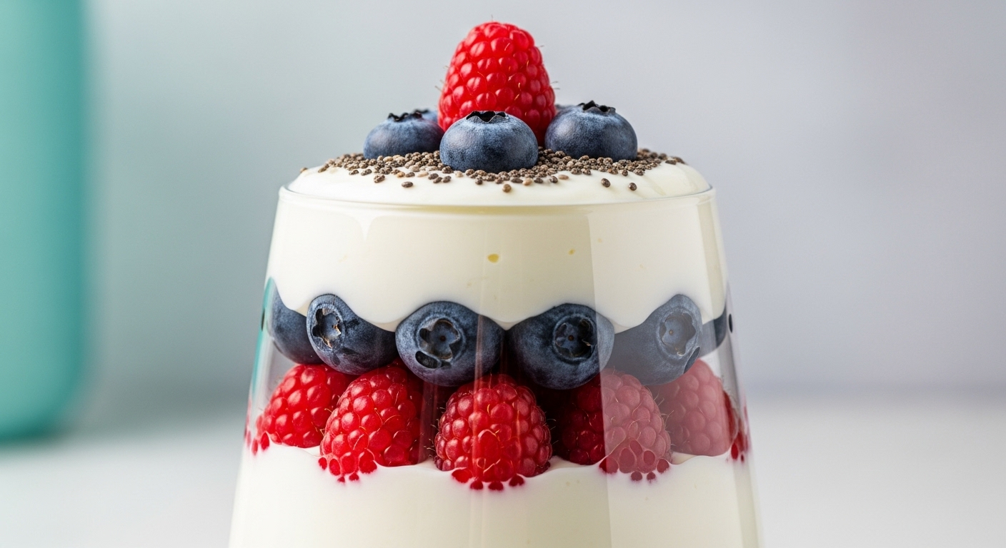 투명 유리컵에 담긴 무가당 요거트와 베리, 치아씨드로 만든 건강한 파르페