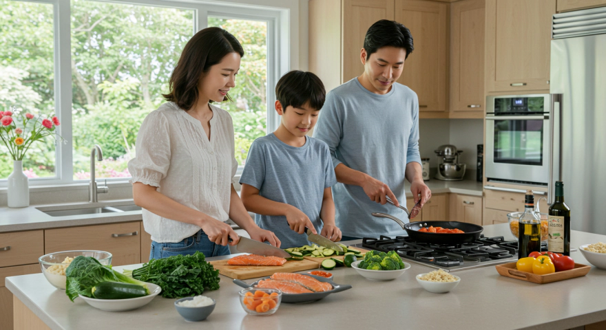 채소와 현미 위주의 건강 식사를 준비하는 한국인 가족