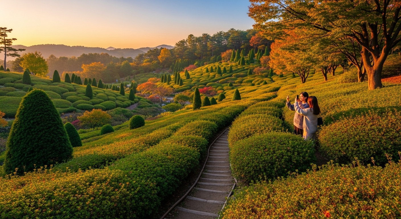 2025년 가을, 화담숲의 알록달록한 단풍 아래에서 휴대폰으로 사진을 찍는 커플의 모습