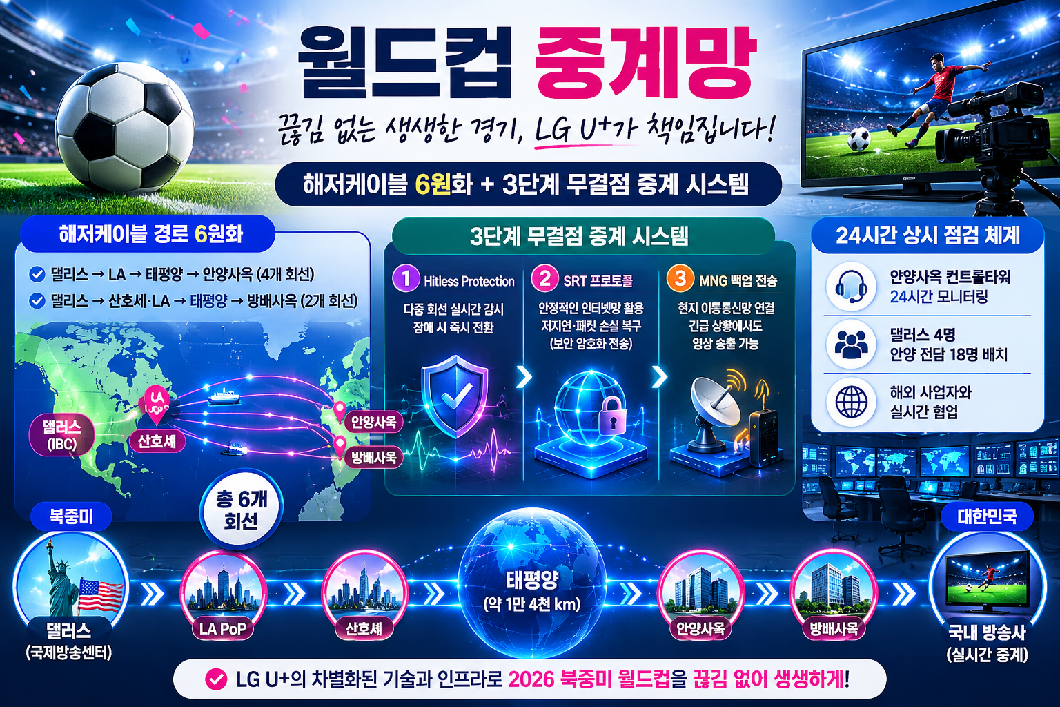 2026월드컵, 북중미월드컵, 월드컵중계, LG유플러스, 월드컵중계망, IPTV중계, 해저케이블, 방송중계회선, SRT프로토콜, 히트리스프로텍션