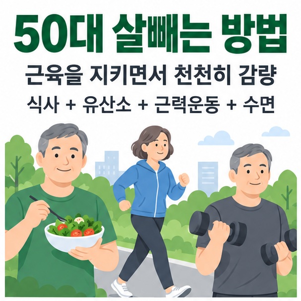 50대 살빼는 방법이라는 제목과 건강한 식사, 빠르게 걷기, 근력운동, 수면을 함께 표현한 대표 이미지